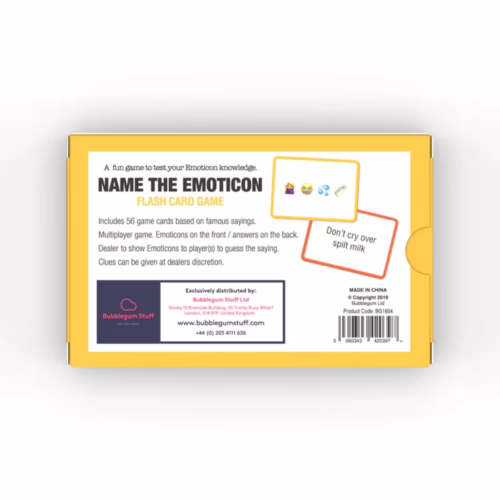 Test your emoticon knowledge with the fun 'Name the Emoticon' card game! Name the Emoticon card game box featuring emoticons and sayings