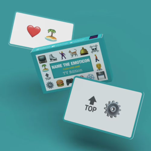 Enjoy a fun game night with the 'Name The Emoticon' card game, available at The Loving Company. Name The Emoticon card game box with emoji cards