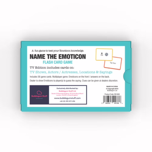 Test your emoticon knowledge with the fun 'Name The Emoticon' card game! Back of 'Name The Emoticon' card game box with details