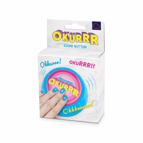 Add some fun to your day with the OKURRR Sound Button, available at The Loving Company. OKURRR Sound Button packaging with a hand pressing it