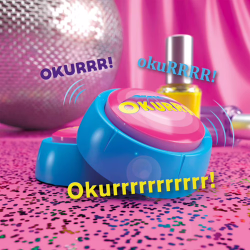 Add a fun twist to your day with the Bubblegum Stuff Okurrr Sound Button! Bubblegum Stuff Okurrr Sound Button, with colorful text and glitter background