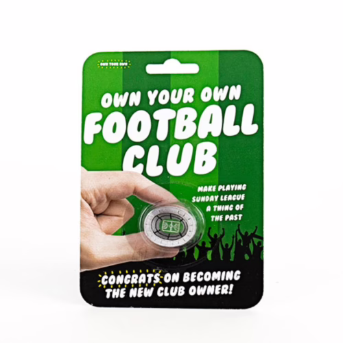 Become the proud owner of your own football club with this unique gift! Own Your Own Football Club kit featuring a coin and vibrant graphics