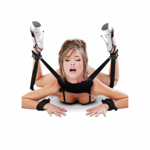 A woman in a playful pose using the Fetish Fantasy Series Position Master with cuffs