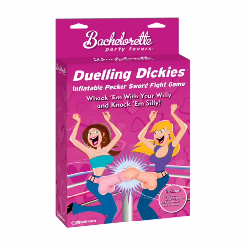 Get ready for laughter with the Dueling Dickies party game, perfect for any bachelorette party! Dueling Dickies inflatable party game packaging, featuring two women and colorful graphics