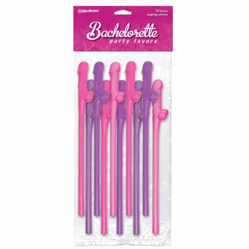 Add some fun to your bachelorette party with these playful dicky sipping straws! Ten pink and purple dicky sipping straws, packaged for bachelorette parties