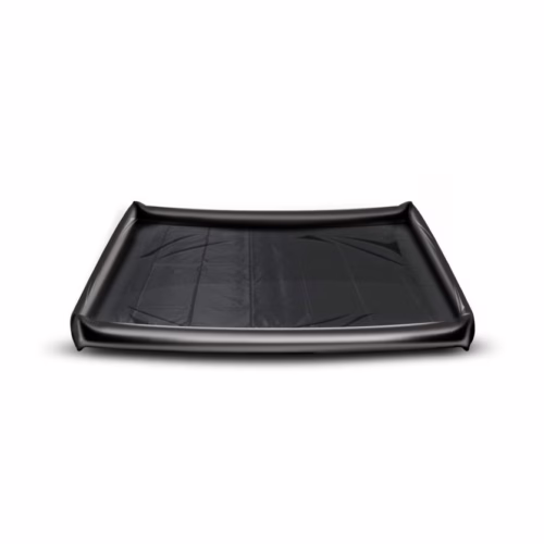 A rectangular black pet bed with raised edges