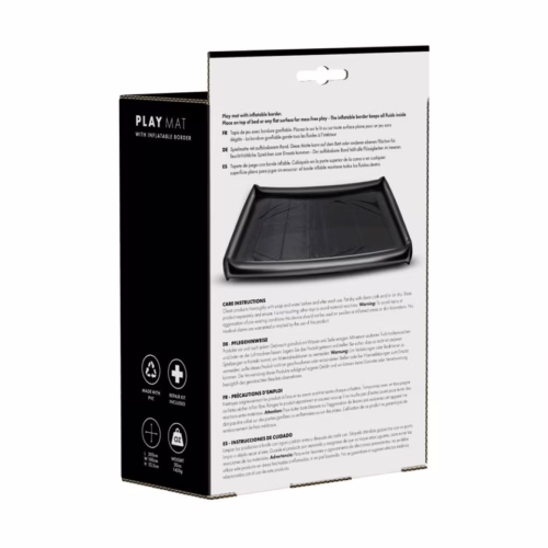 Play mat with inflatable border, shown in packaging with care instructions