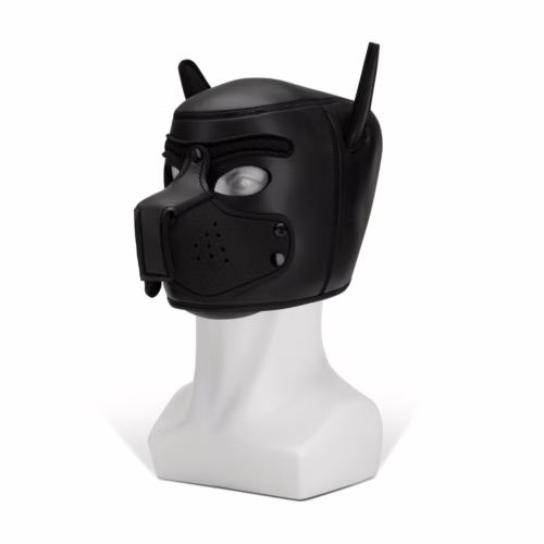 Black Prowler Red Puppy Muzzle, featuring ears and a fitted design on a mannequin