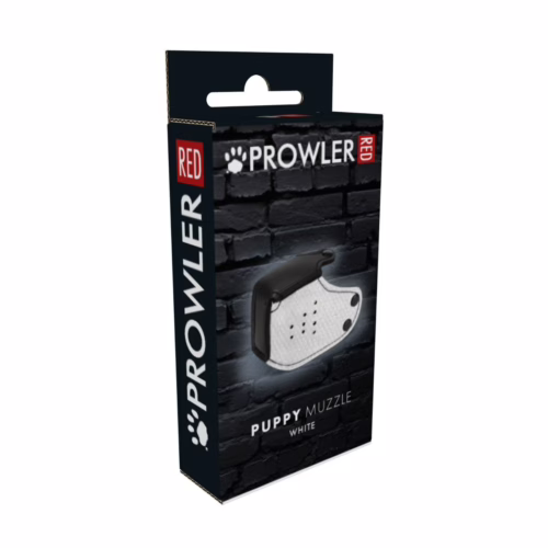 Prowler Red Puppy Muzzle packaging, featuring a white muzzle design