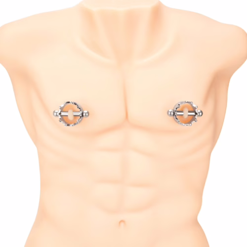 Silver Prowler Red Magnetic Nipple Crown Clamps on a mannequin chest