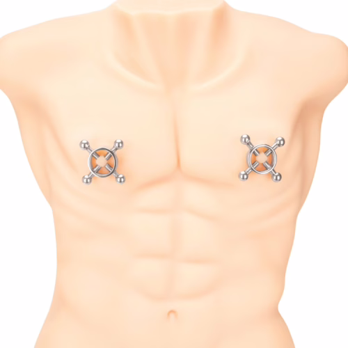 Prowler Red 4 Way Screw Nipple Clamp in silver displayed on a mannequin chest