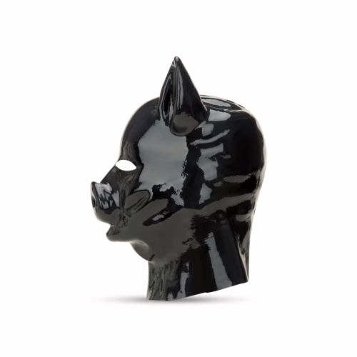 Black latex pig hood side view