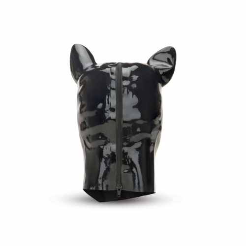A black latex pig hood with ears and a back zipper