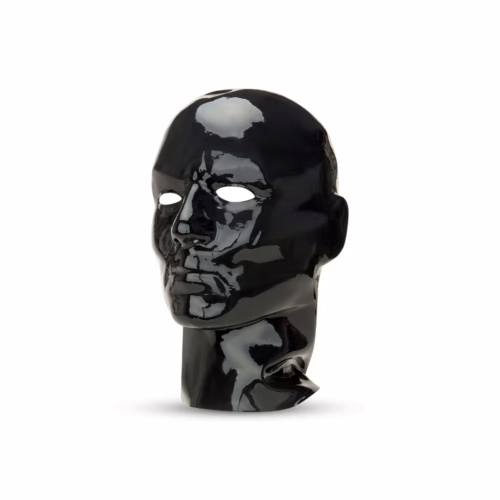 Black latex hood displayed on a mannequin head
