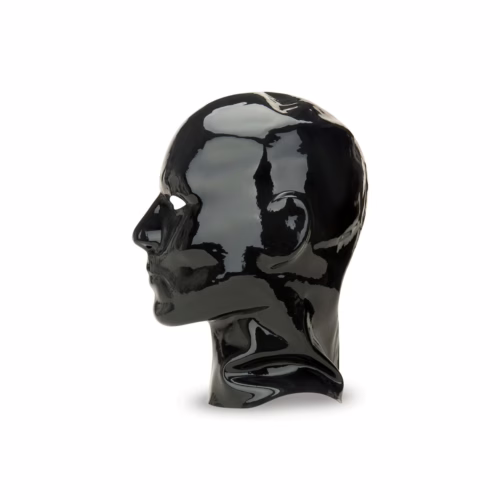 Black latex hood displayed on a mannequin head