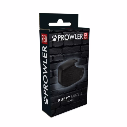 Prowler Red Puppy Muzzle packaging, featuring a black muzzle against a textured black back