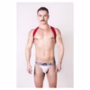 Muscular male model in a red sports harness and gray underwear