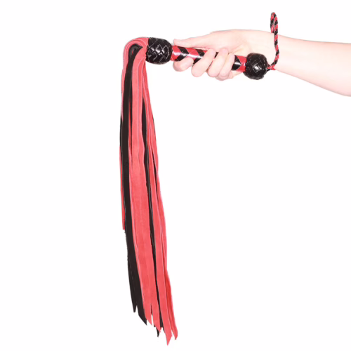 Prowler Red Flogger in black and red, held in a hand