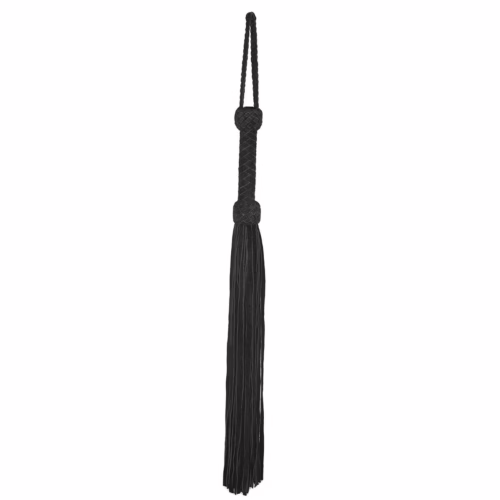 Prowler Red Leather Suede Flogger, a long black suede whip with a braided handle