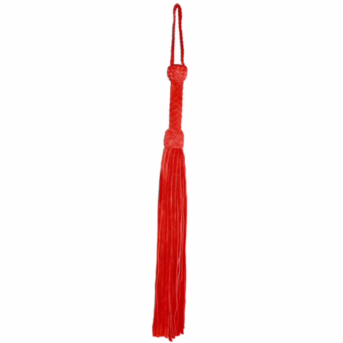 Red leather suede flogger with braided handle and long tails