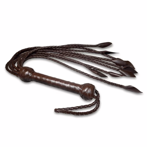 Prowler Red Brown Leather Flogger with braided handle and tails