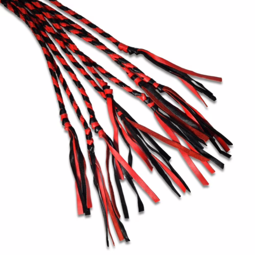 Prowler Red Long Handle Flogger with black and red braided strands