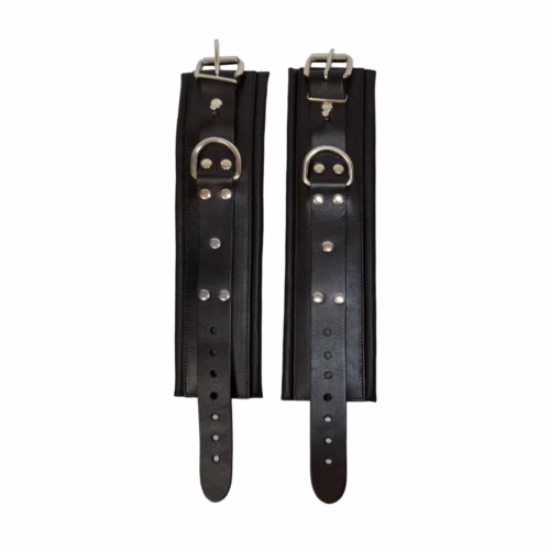 Black leather lockable ankle restraints with silver hardware