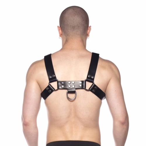 Prowler Red Butch Harness in black and silver, worn by a person from behind