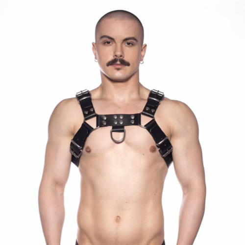 A person wearing a Black/Silver Prowler Red Butch Harness