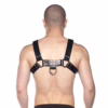 Prowler Red Butch Harness in black and silver, shown on a model from the back