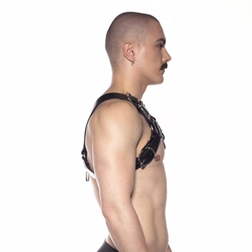A person wearing a black and silver Prowler Red Butch Harness is shown in profile