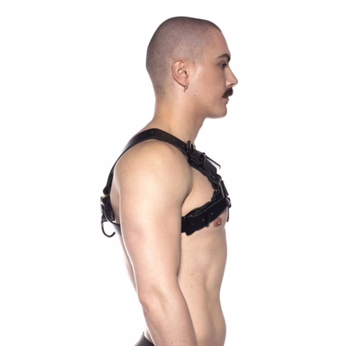 A person models the Prowler Red Noir Harness in Black, showcasing its sleek design