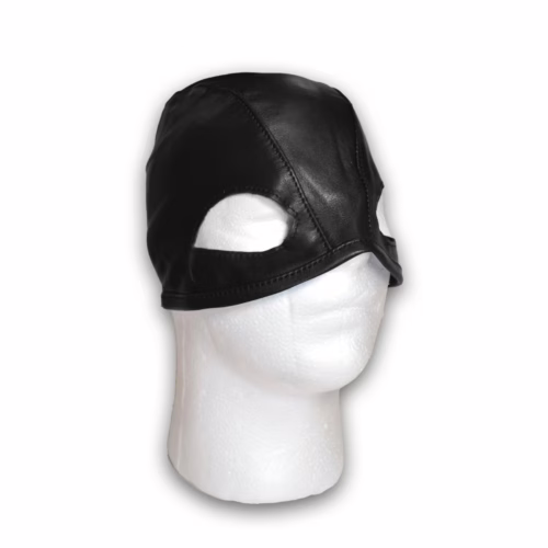 Prowler Red Leather Executioners Hood in black, displayed on a mannequin head