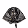 Black leather executioner's hood with lacing details