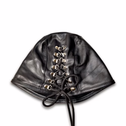 Black leather executioner's hood with lacing details