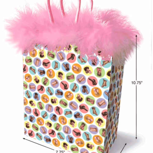 Add a cheeky flair to your gifts with this fun and colorful gift bag! Colorful gift bag featuring playful illustrations, with a fluffy pink top