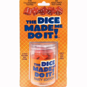 Get ready for a flirty game night with The Dice Made Me Do It! Party Edition! The Dice Made Me Do It! Party Edition game packaging, with colorful dice and instructions