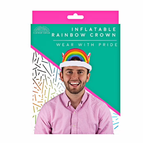 Celebrate pride with the vibrant Inflatable Rainbow Crown! A smiling man wearing an Inflatable Rainbow Crown