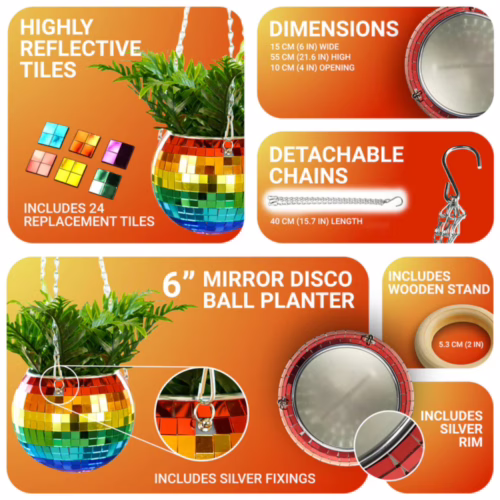 Add a touch of fun to your space with this vibrant disco ball planter. Rainbow disco ball hanging planter with reflective tiles