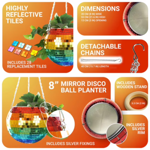 Add a touch of sparkle to your space with this unique disco ball planter. Rainbow mirror disco ball hanging planter with plants