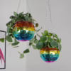 Brighten your home with this playful rainbow disco ball planter, perfect for plant lovers and decor enthusiasts. Rainbow disco ball hanging planter with green plants