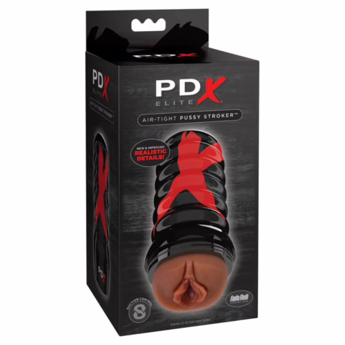 Experience ultimate pleasure with the PDX Elite Air-Tight Pussy Stroker. PDX Elite Air-Tight Pussy Stroker packaging, featuring realistic details and suction cont