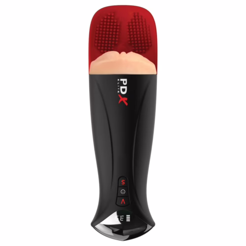 Experience the next level of pleasure with the PDX Elite Fuck O Matic Pro Male Masturbator. PDX Elite Fuck O Matic Pro Male Masturbator - XL in black with a textured top