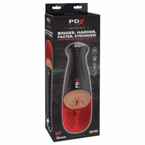 Experience heightened pleasure with the PDX Elite Fuck-O-Matic Pro Male Masturbator XL. PDX Elite Fuck-O-Matic Pro Male Masturbator XL, in packaging showcasing realistic design