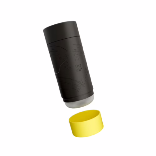 Romp Dash Masturbator in black with clear base and yellow cap