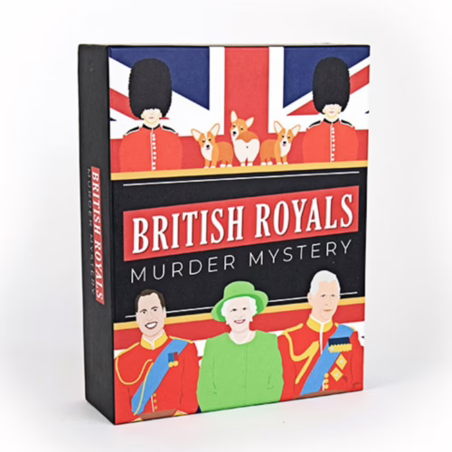 Dive into a thrilling mystery with the British Royals Murder Mystery Game! British Royals Murder Mystery Game box, featuring royal figures and corgis