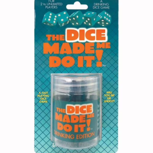 The Dice Made Me Do It! Drinking Edition game packaging, featuring dice and game instruct