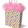Brighten up your gift-giving with this fun and flirty gift bag! Colorful gift bag with playful designs and pink fluffy trim