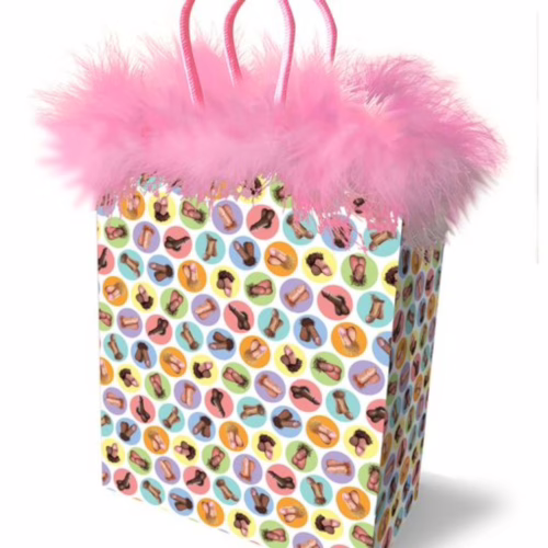 Brighten up your gift-giving with this fun and flirty gift bag! Colorful gift bag with playful designs and pink fluffy trim