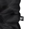 A textured black pouch with a logo tag